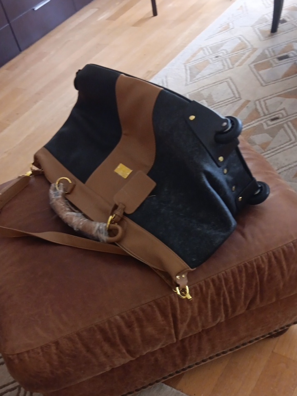 Joy Mangano Black and Brown Leather Color Block Wheeled Duffle Bag